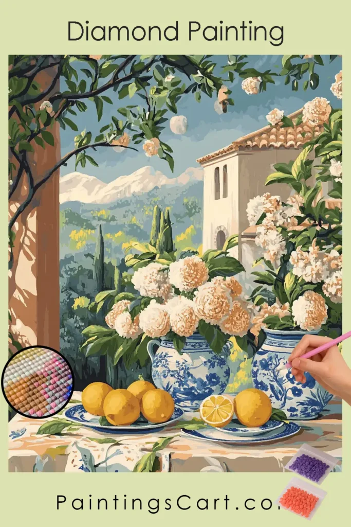 Früchte und Blumen mit Stadtkulisse