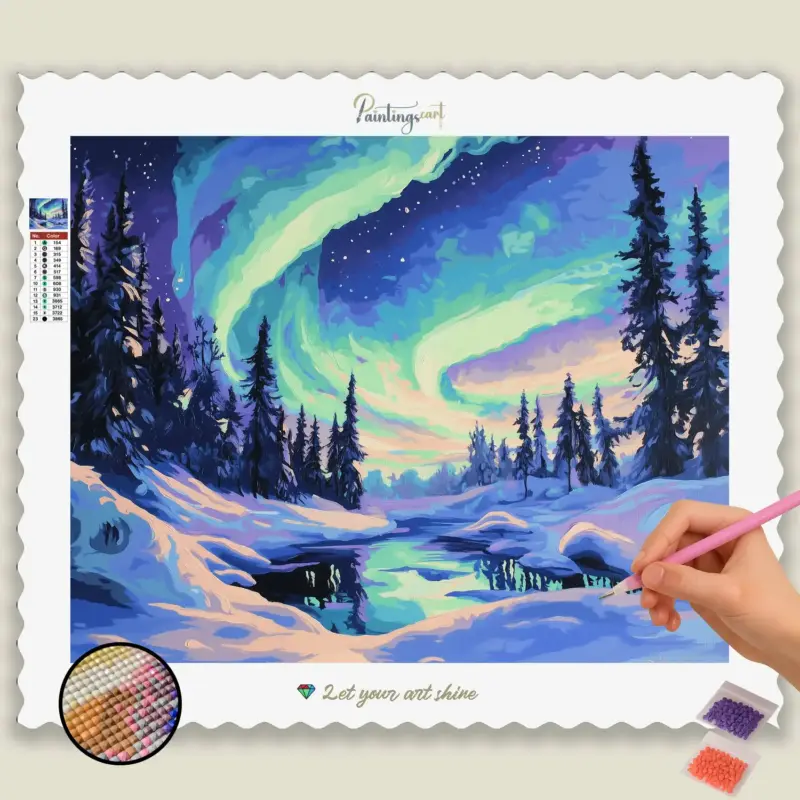 874613_base-diamond-painting-paintingscart Nordlichter über verschneiter Landschaft