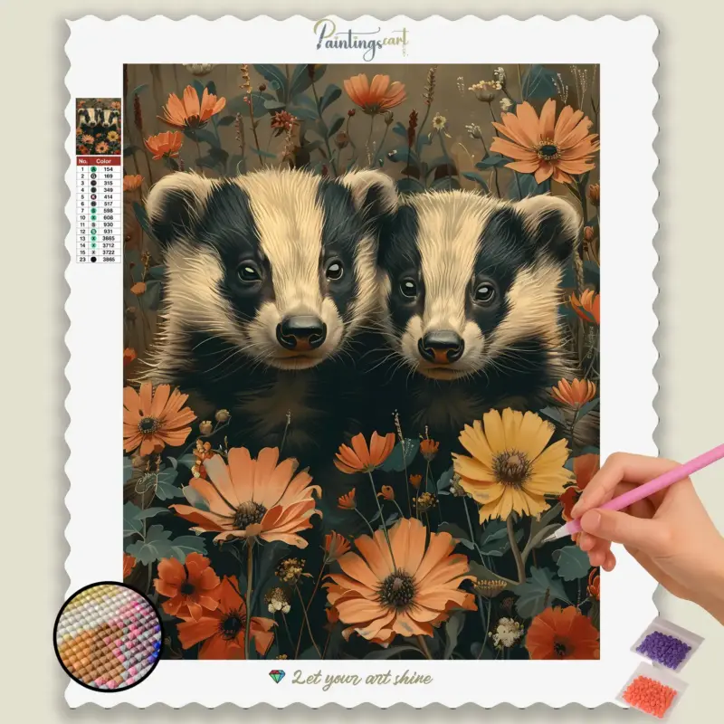 Baby_Animals_Summer_79305_base-diamond-painting-paintingscart Badgers in Flowers
