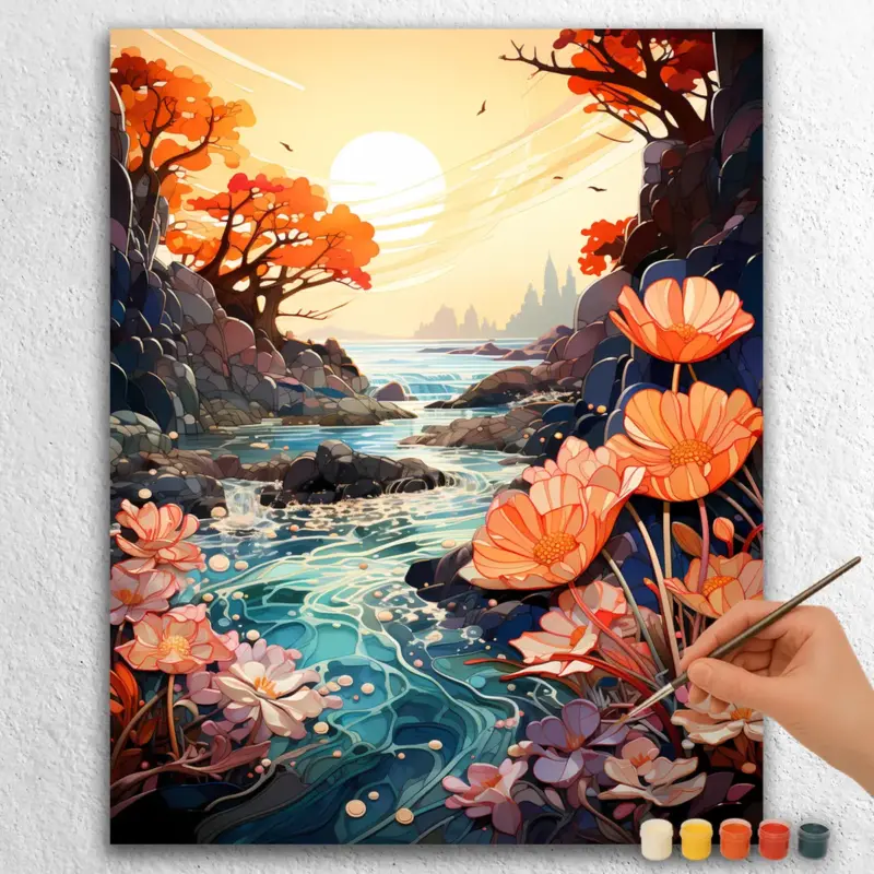 Pink Flowers and River