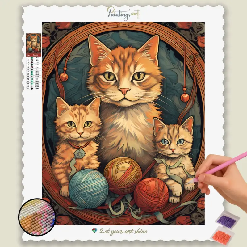 Cat and Kittens with Yarn Balls