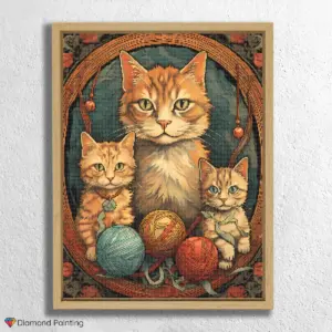 Cat and Kittens with Yarn Balls
