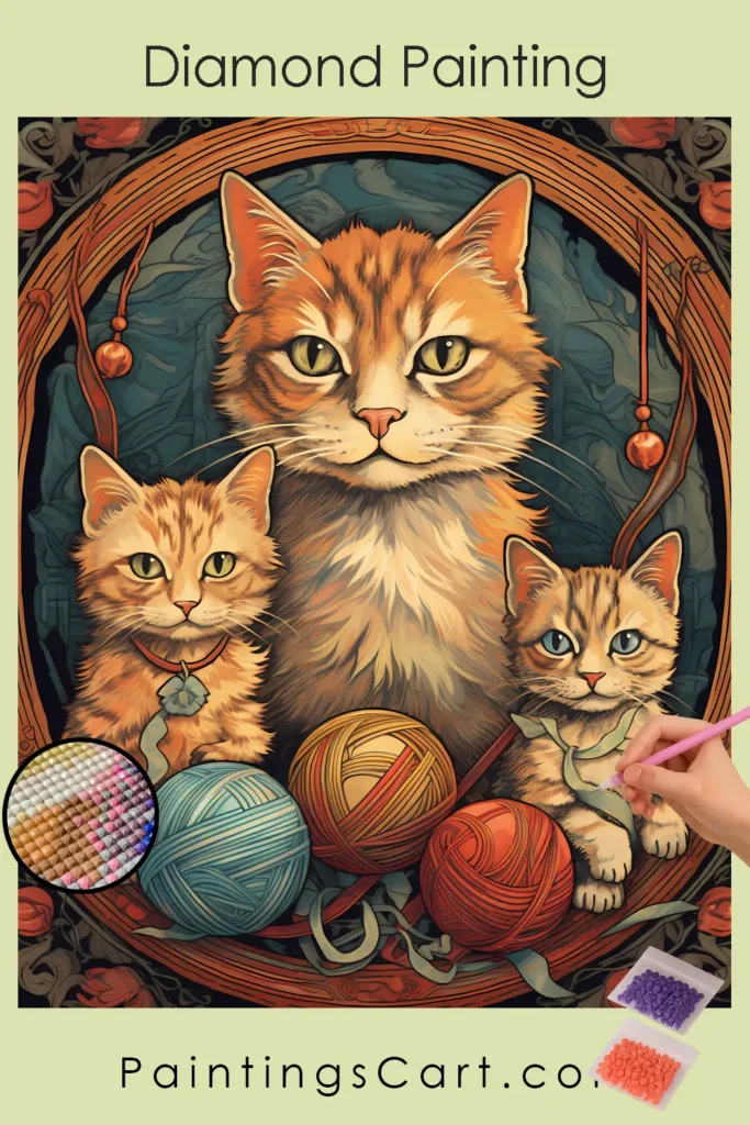 Cat and Kittens with Yarn Balls