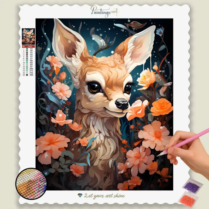 Kawaii_Animal_172022_base-diamond-painting-paintingscart Baby Deer and Flowers