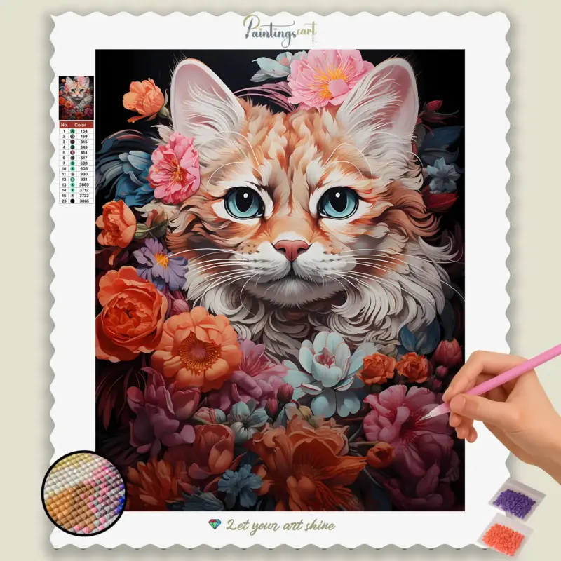 Kawaii_Animal_292034_base-diamond-painting-paintingscart Flowers and Cat
