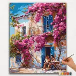 Paint-By-Numbers-DIamond-Painting-Ver-PNV-138 Pink Flowers and White House
