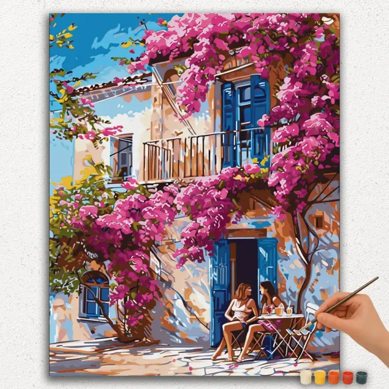 Paint-By-Numbers-DIamond-Painting-Ver-PNV-138 Pink Flowers and White House