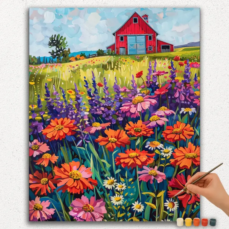 Paint-By-Numbers-DIamond-Painting-Ver-PNV-155 Colorful Flowers and House