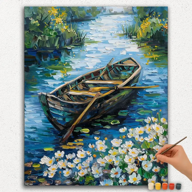 Paint-By-Numbers-DIamond-Painting-Ver-PNV-186 Beautiful Boat and White Flowers