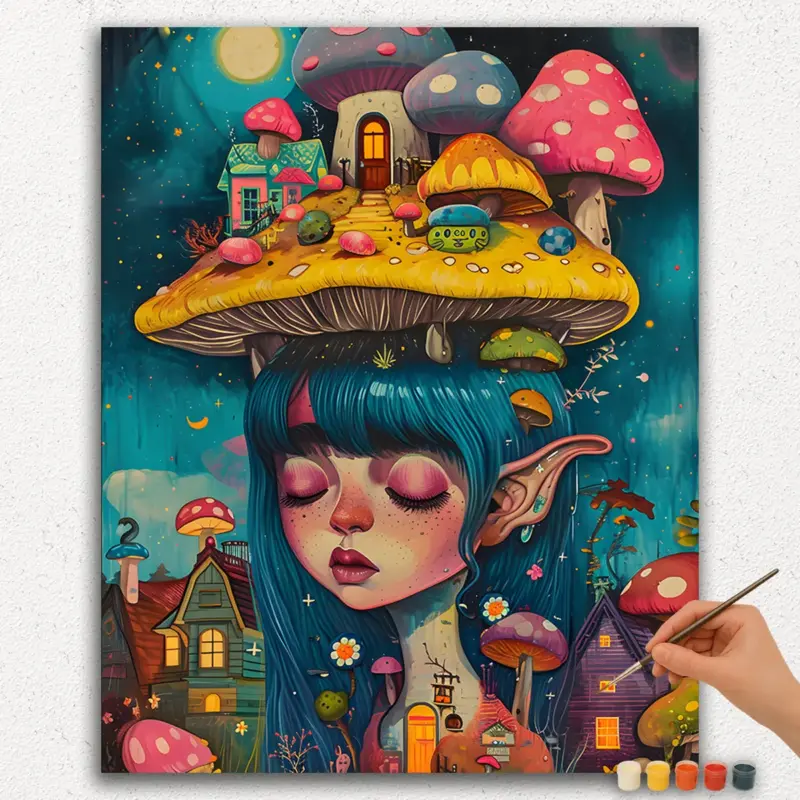 Paint-By-Numbers-DIamond-Painting-Ver-PNV-267 Mushroom House and Girl
