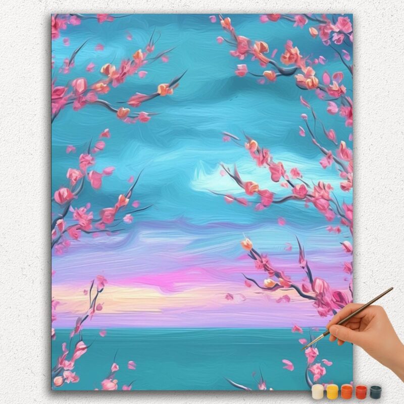 Paint-By-Numbers-DIamond-Painting-Ver-PNV-27 Pink Flowers and Clouds