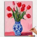Red Tulips in Blue Vase
